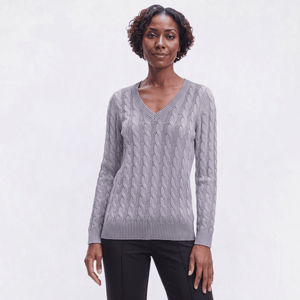 Petite Preswick & Moore(R) Long Sleeve Cable Knit V Neck Sweater